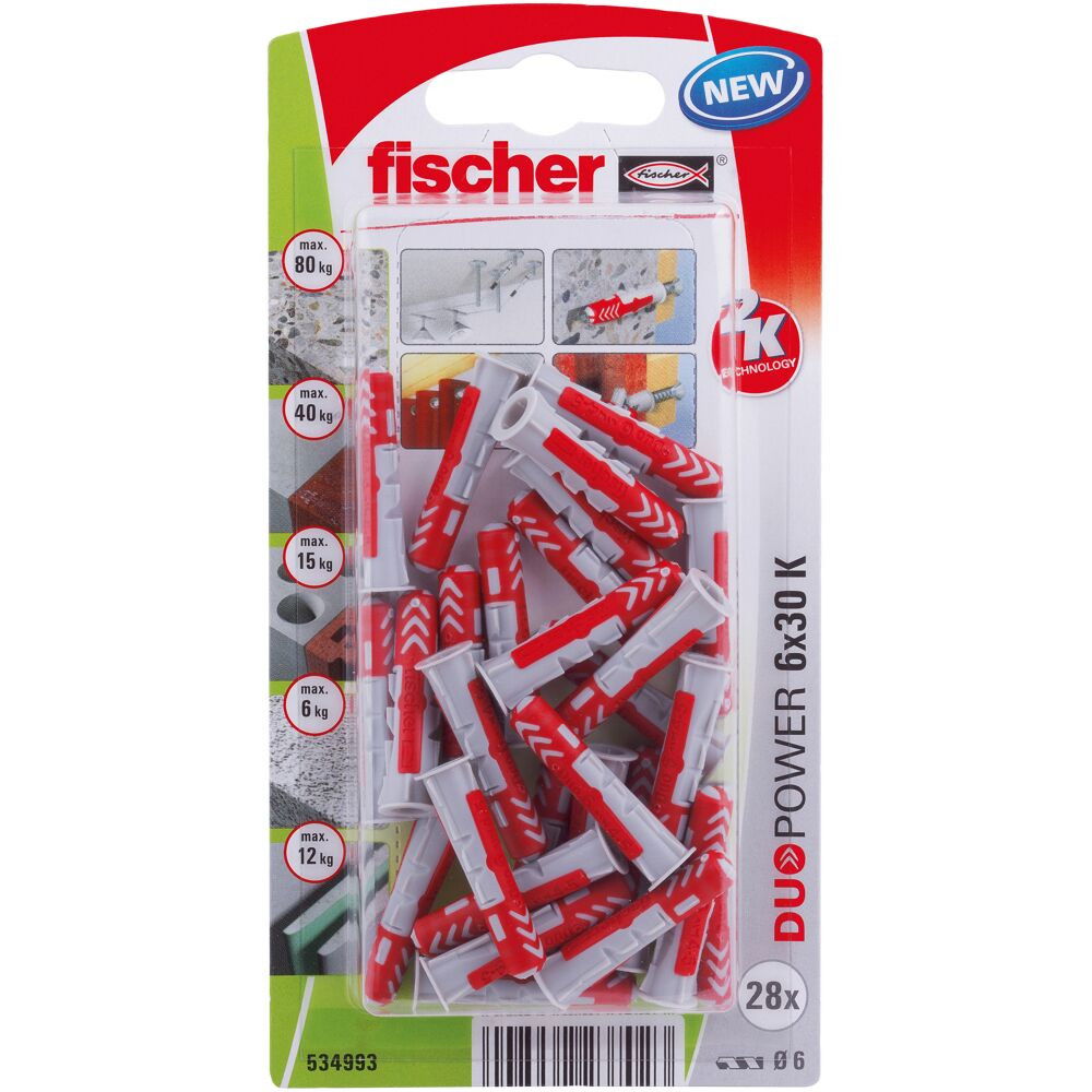 Fischer DUOPOWER dübel 6 x 30 K NV - csavar nélkül, bliszteres, 28 db/csomag termék fő termékképe