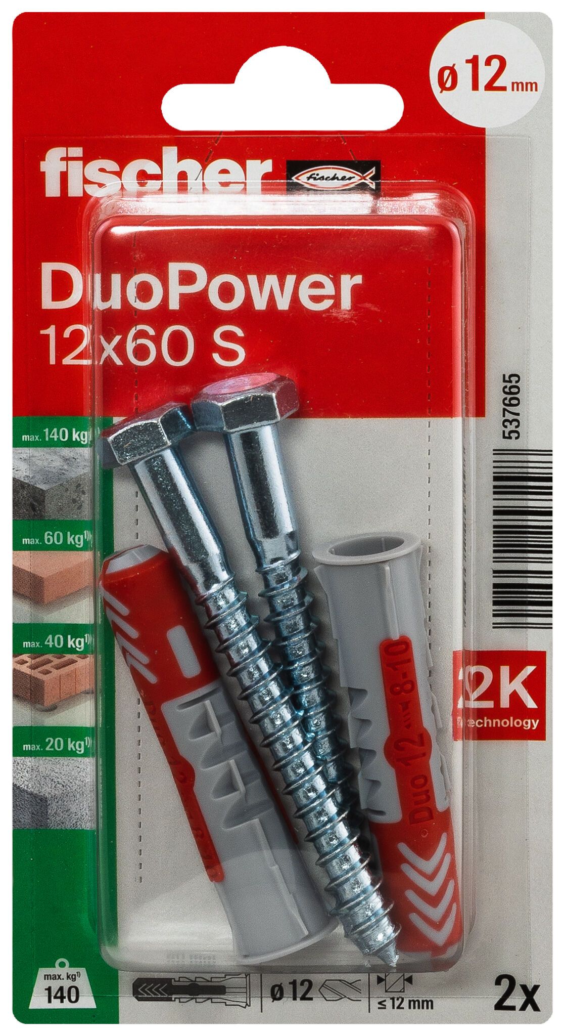 Fischer DuoPower kétkomponensű nylon dübel 12 x 60 S K - szerkezetépítő csavarral, bliszteres, 2 db/csomag termék fő termékképe